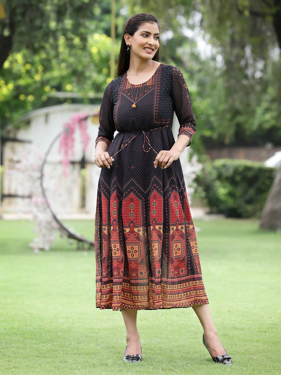 Juniper Black Georgette Festive Printed A-Line Dress For Women - Distacart