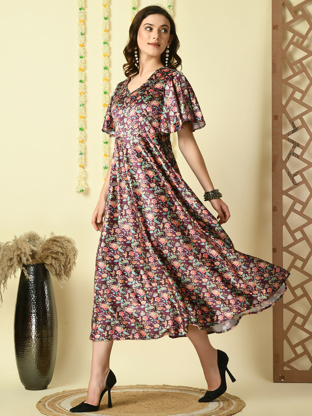 Myshka Women's Multi Printed Velvet Party Dress - Distacart