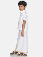 Sethukrishna Boys White & Gold-Toned Pure Cotton Solid Shirt and Veshti Set