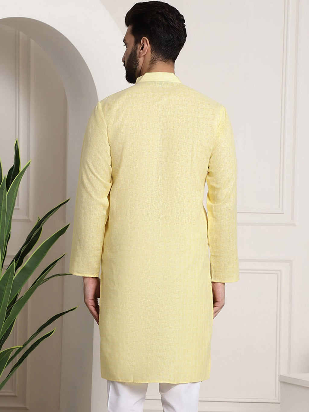 Sojanya Men Yellow Dobby Self-Checked Straight Kurta