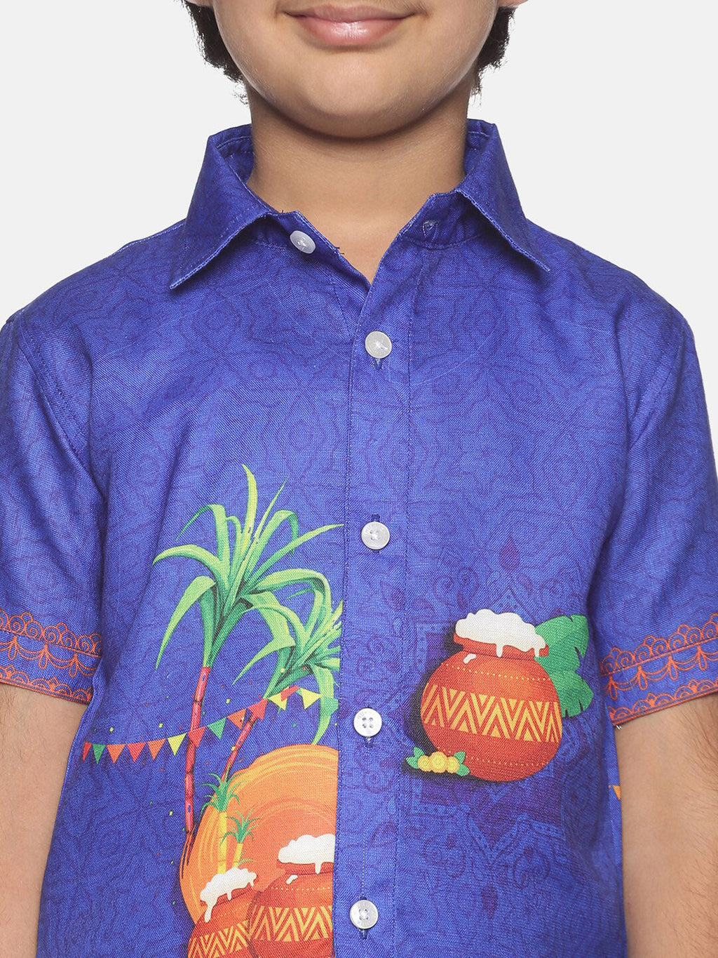 Sethukrishna Boys Blue & White Printed Shirt With Pure Cotton Dhoti Set