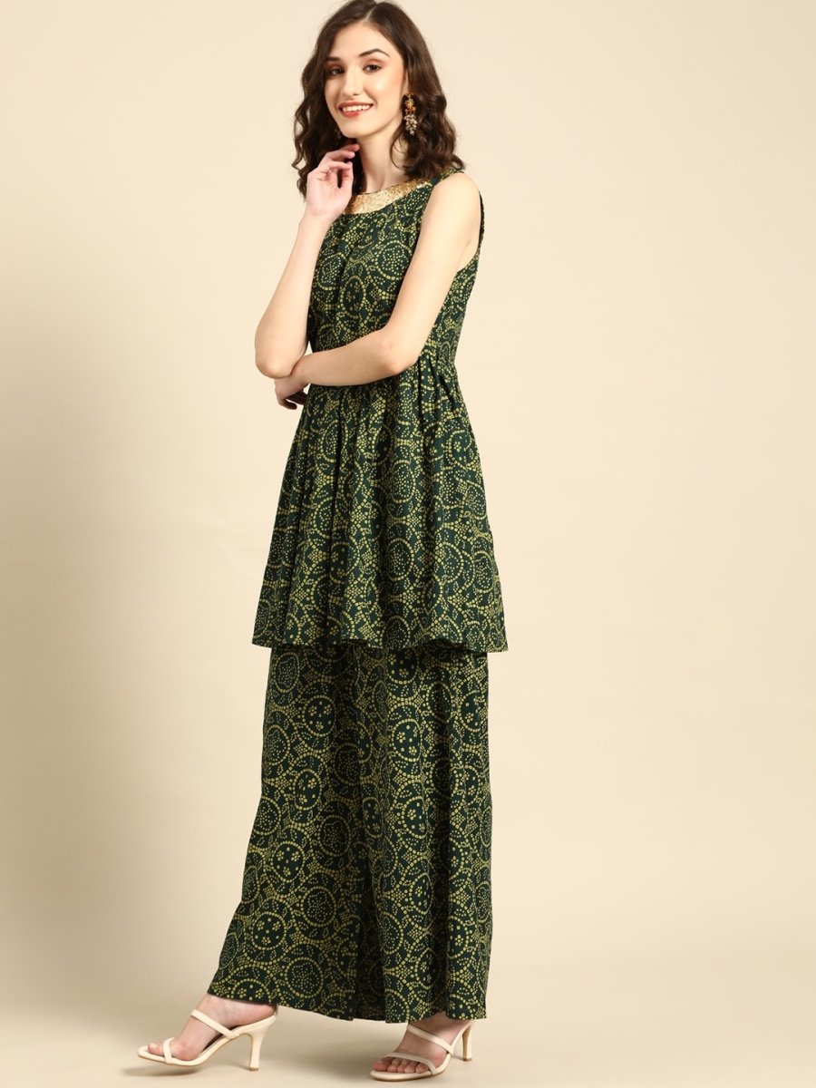 All About You Women Green Bandhani Printed Gathered Sequinned Kurti with Palazzos