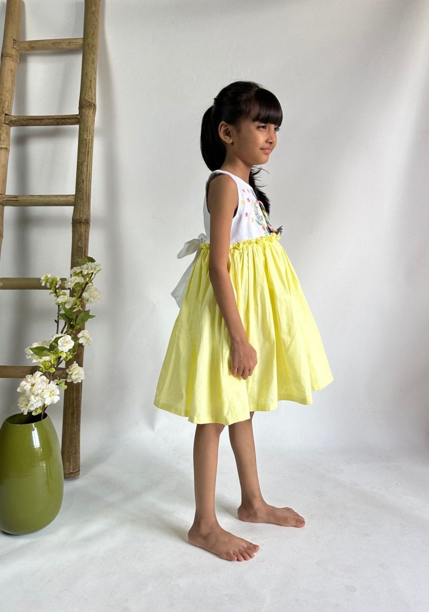ArthLife White And Yellow Unicorn Embroidered Dress