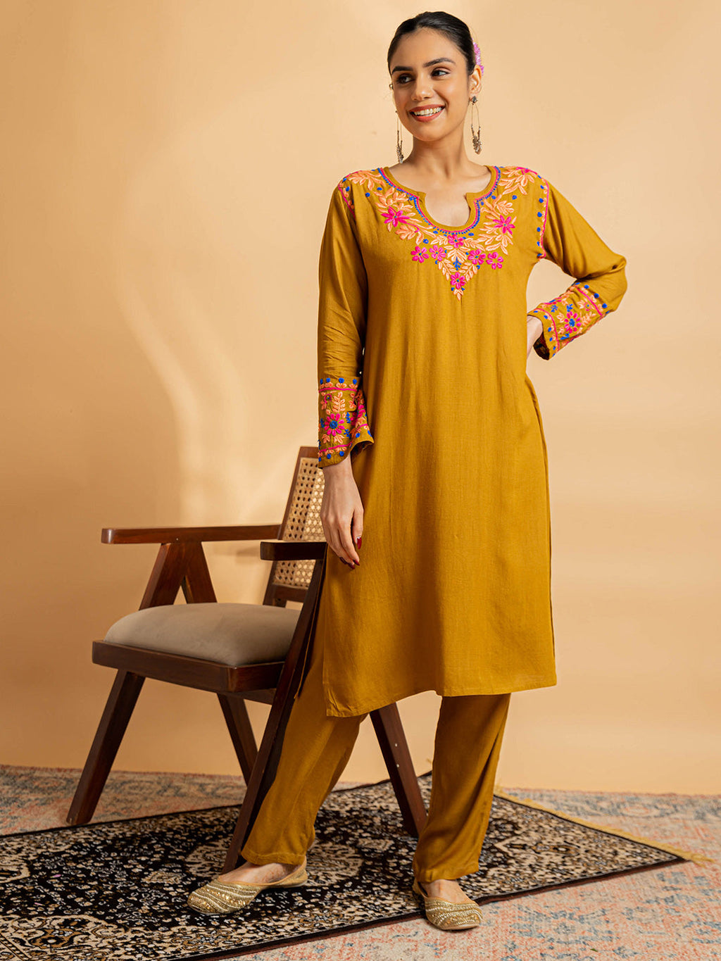 HOUSE OF KARI Floral Yoke Design Chikankari Kurta With Palazzo