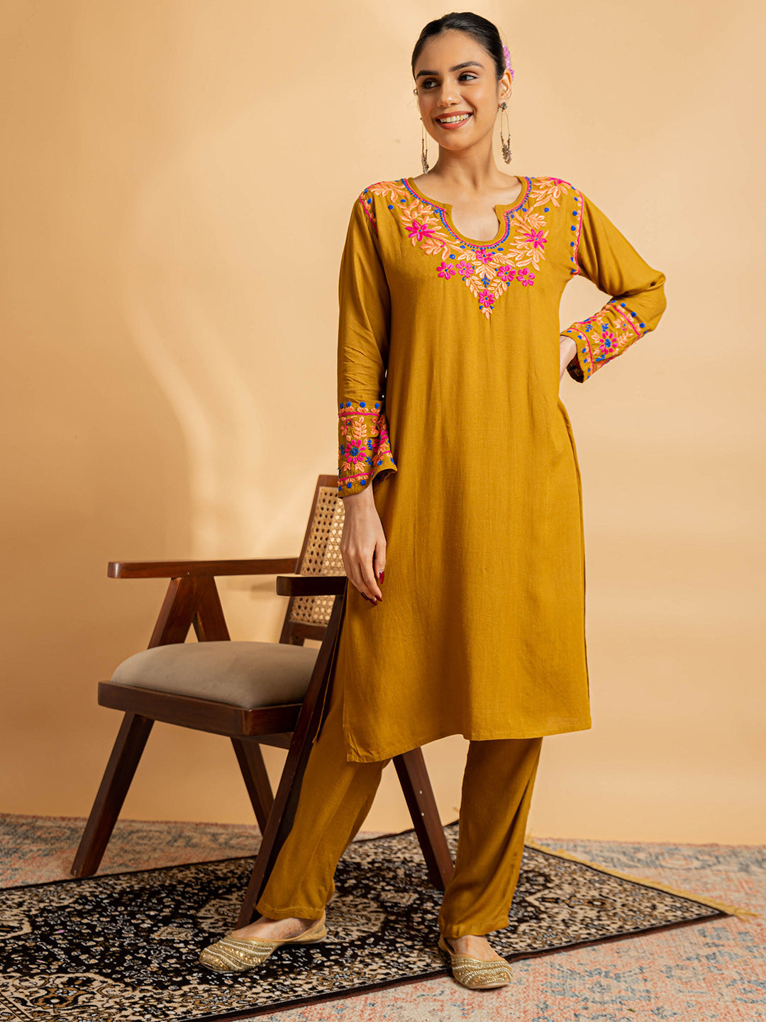 HOUSE OF KARI Floral Yoke Design Chikankari Kurta With Palazzo