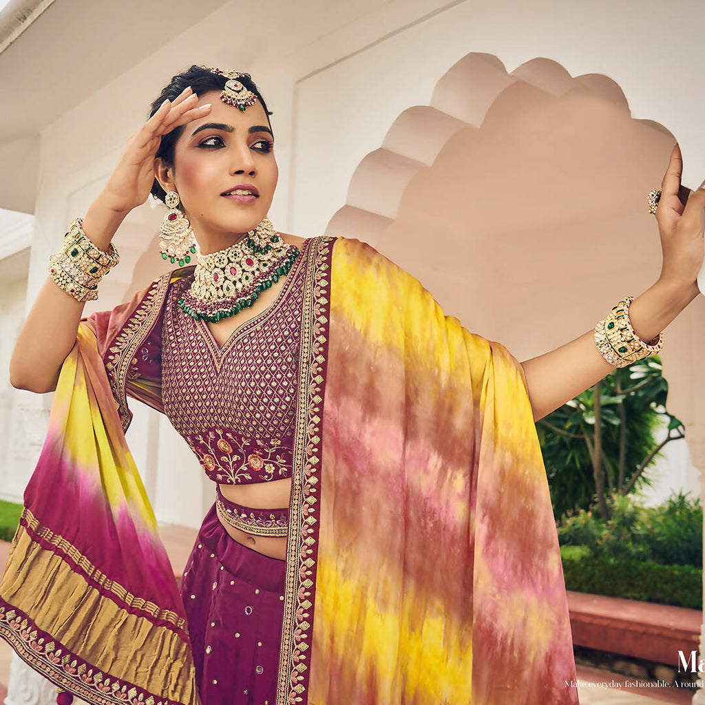 Wine Heavy Viscose Khatli, Embroidery & Mirror Work Unstitched Lehenga Choli - Sisha Keshav