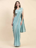 Sky Blue Silk Satin Solid Ready to wear Saree with stitched Blouse - Satiksha