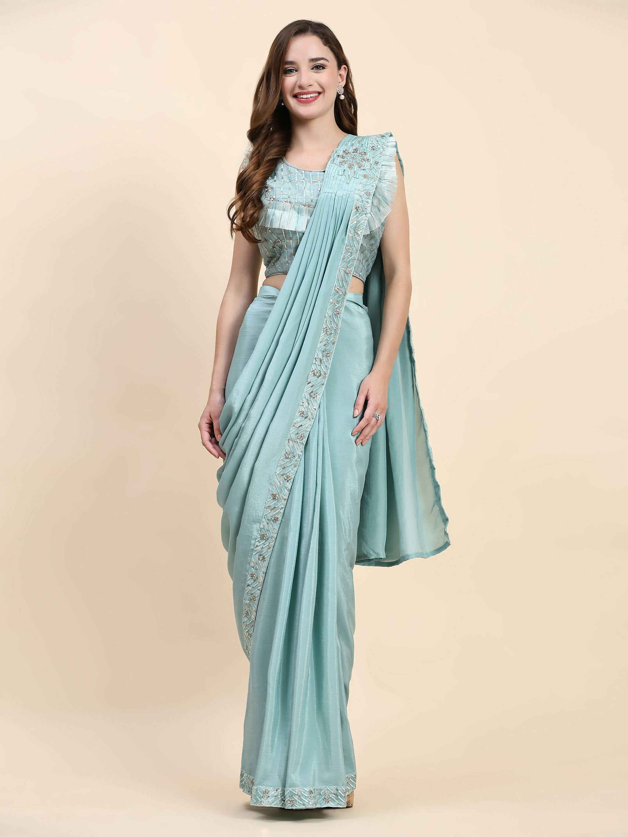 Sky Blue Silk Satin Solid Ready to wear Saree with stitched Blouse - Satiksha