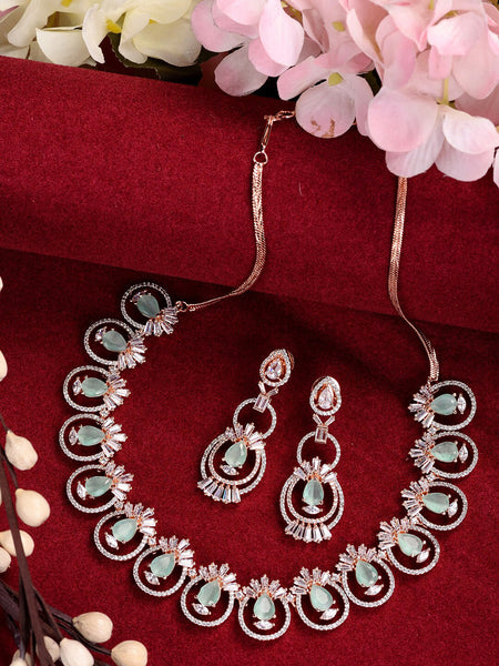 Saraf RS Jewellery Rose Gold-Polished & Sea Green American Diamond Studded Jewellery Set