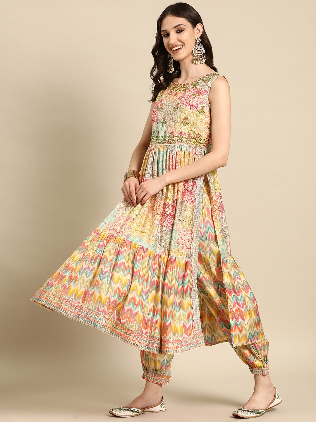 Sangria Floral Embroidered High Slit Sequinned Kurta With Salwar & Dupatta