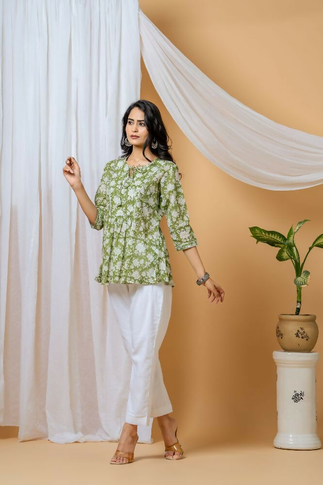 Joban Fashion Green Floral Hand Block Printed Cotton Co-Ord Set - Distacart