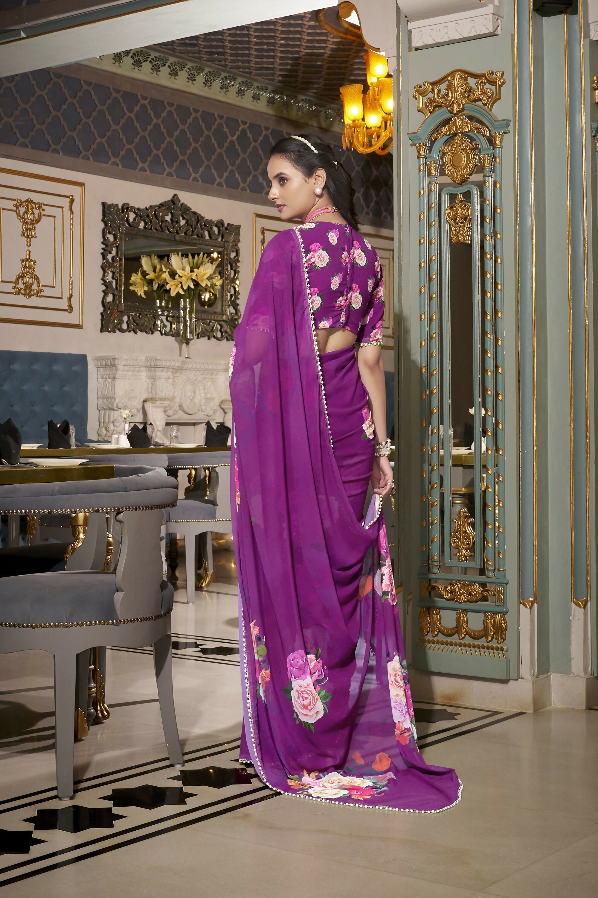 Vastranavya Purple Spectacular Georgette Printed with Pearl Lace Saree with Unstitched Blouse - Distacart