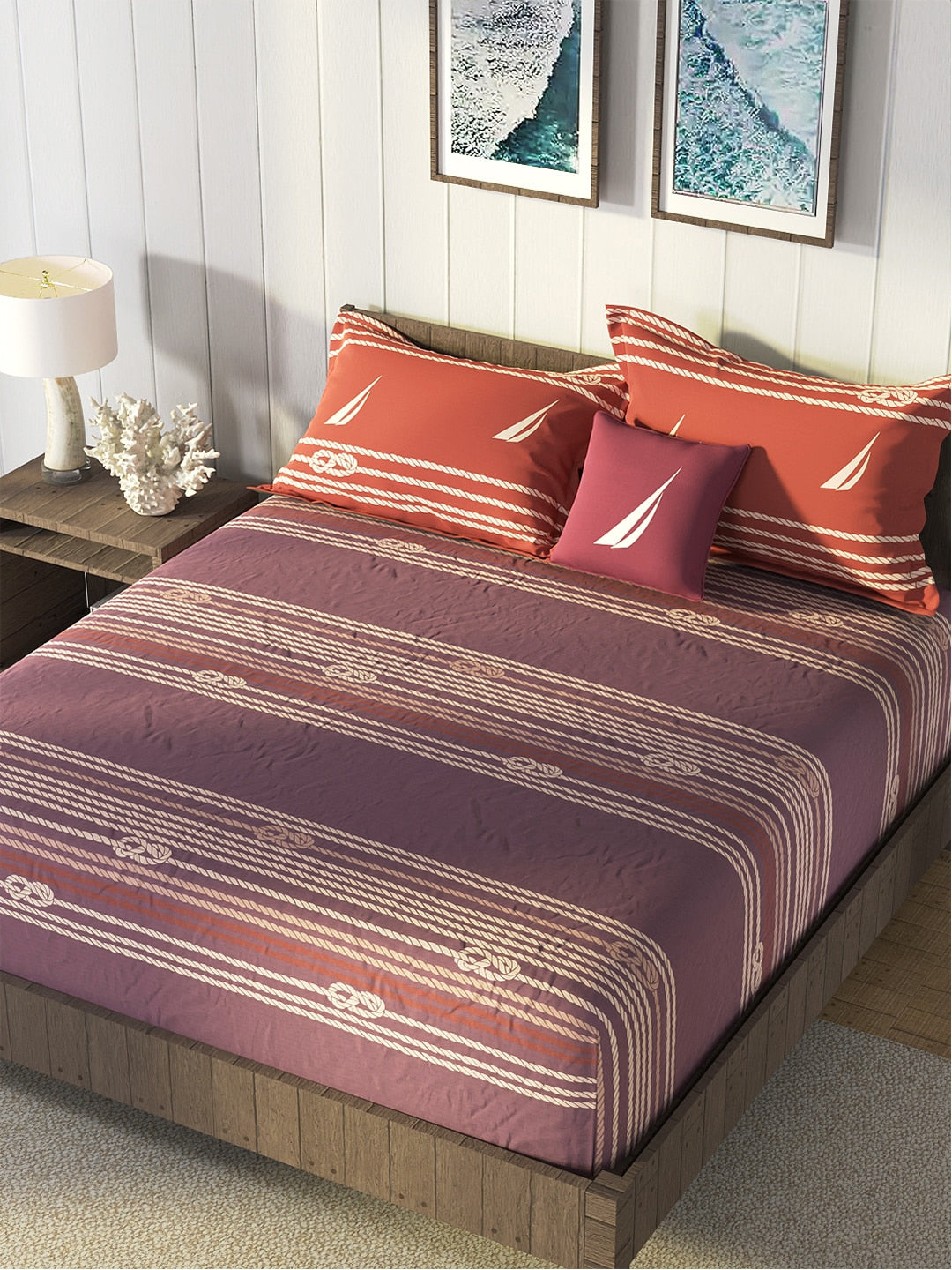 Nautica Purple & Orange Striped Cotton 160 TC King Bedsheet With 2 Pillow Covers