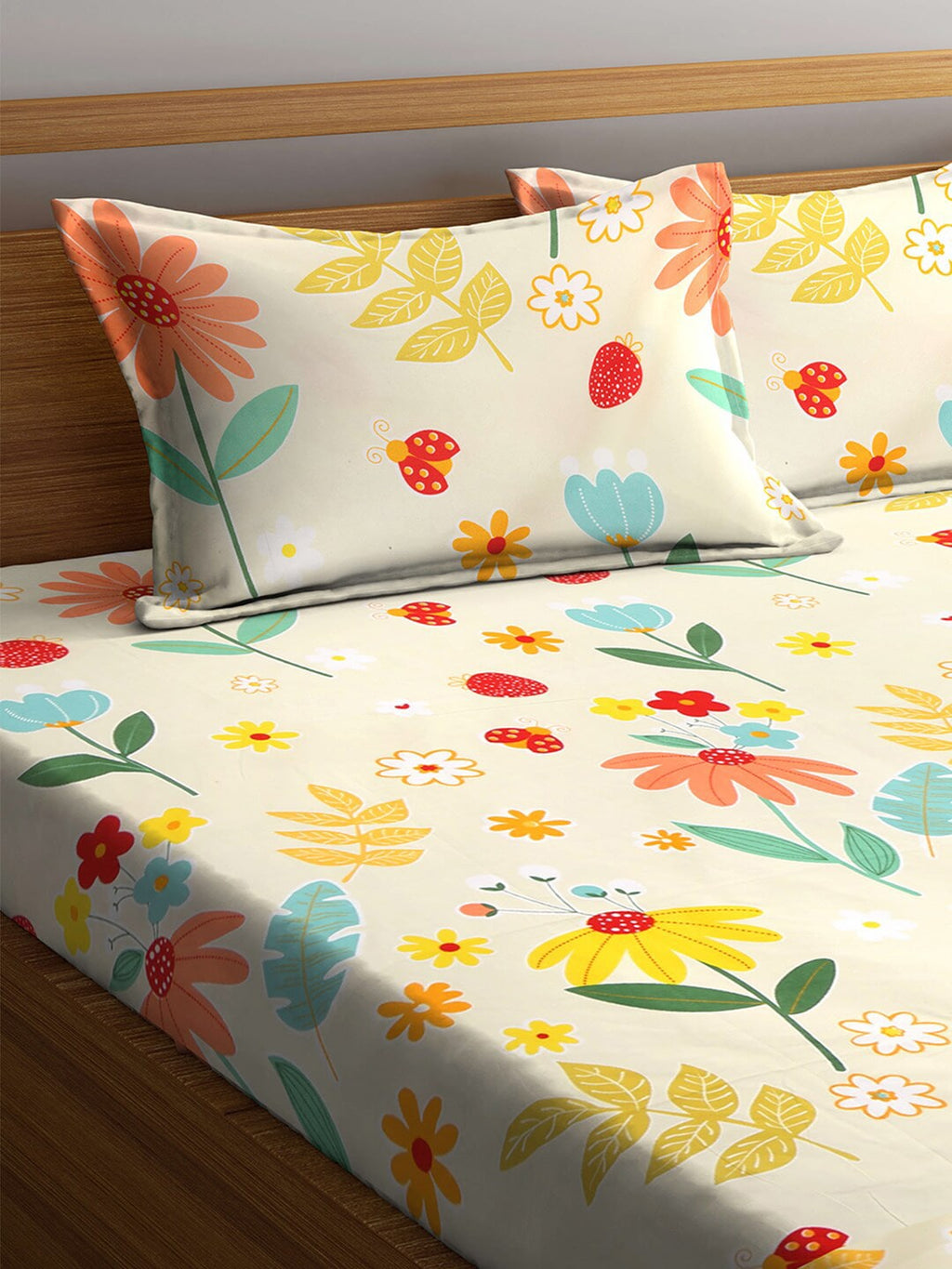 KLOTTHE White & Yellow Printed 300 TC Double King Fitted Bedsheet With 2 Pillow Covers - Distacart