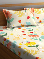 KLOTTHE White & Yellow Printed 300 TC Double King Fitted Bedsheet With 2 Pillow Covers - Distacart