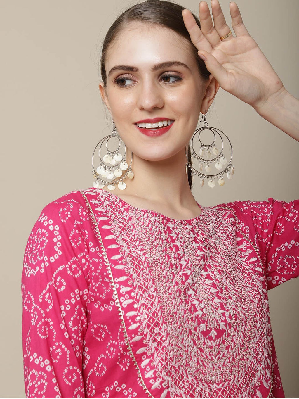 Sangria Women Pink & White Bandhani Printed Thread Work Kurta