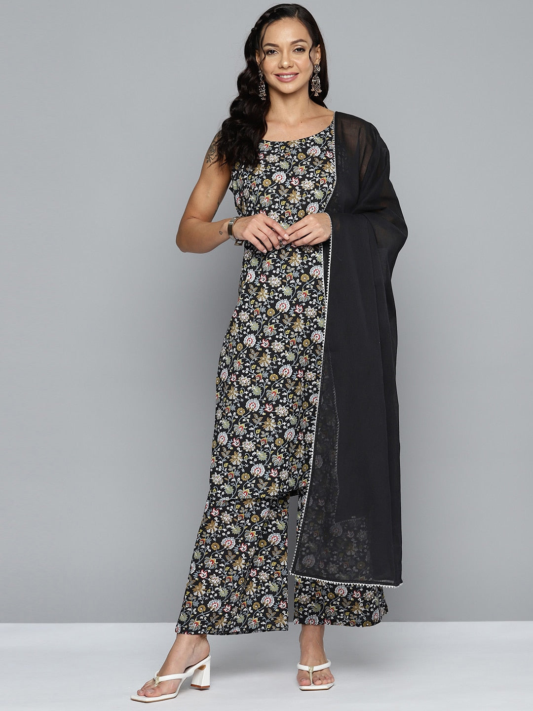 HERE&NOW Women Floral Printed Regular Pure Cotton Kurta with Palazzos & Dupatta