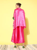 InWeave Women's Pink Green Brocade Satin Boho Kurta Palazzo Set