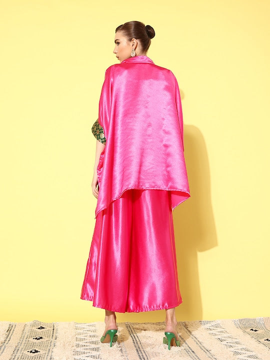 InWeave Women's Pink Green Brocade Satin Boho Kurta Palazzo Set