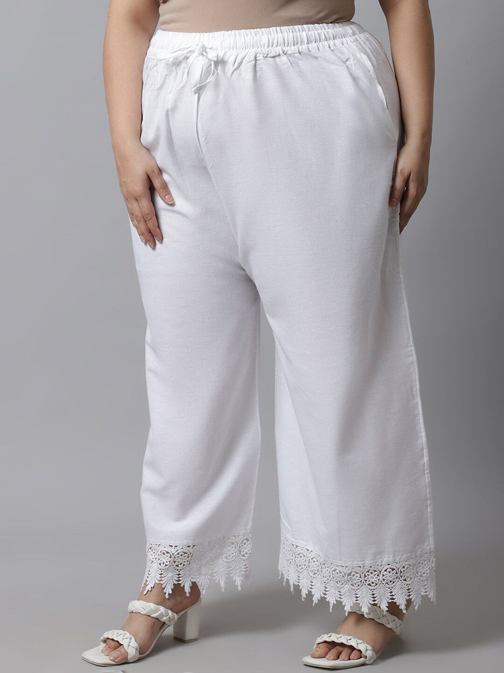 TAG 7 Women Plus Size White Solid Linen Ethnic Palazzos