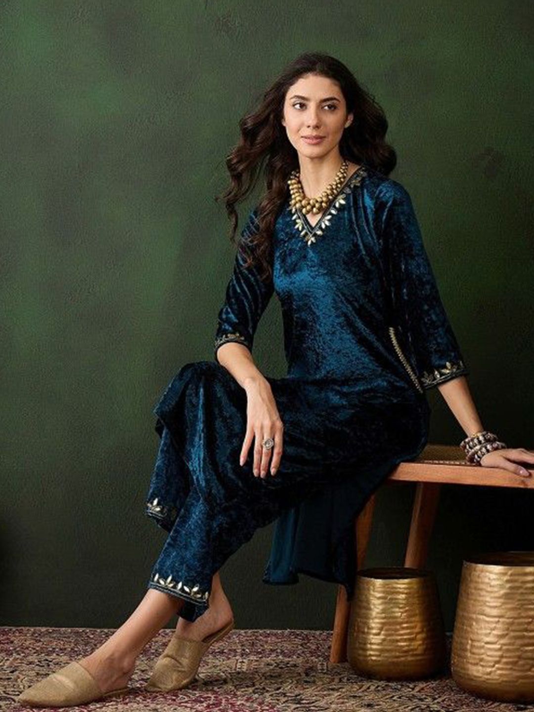 Sangria Yoke Design Velvet Straight Kurta