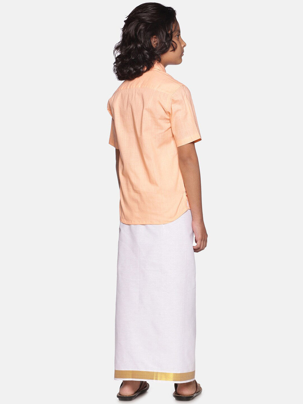 Sethukrishna Boys Orange & White Solid Cotton Shirt & Dhoti Set