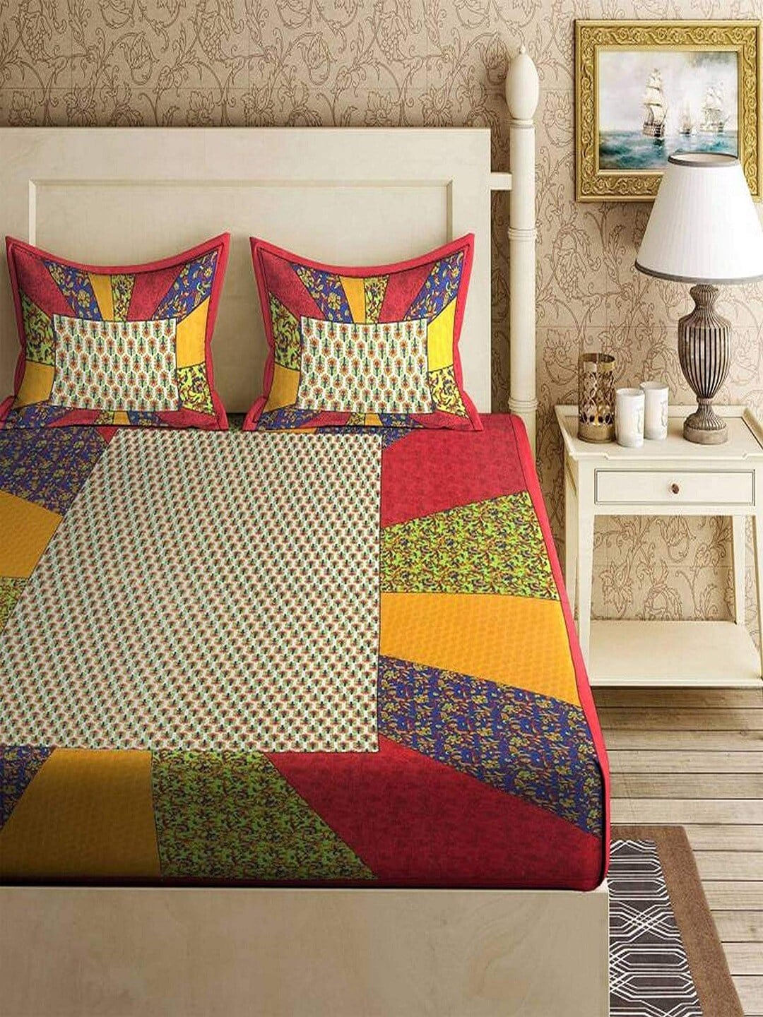 UNIQCHOICE Yellow & Red Ethnic Motifs Pure Cotton 120 TC Queen Bedsheet & 2 Pillow Covers