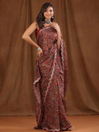 Sangria Maroon Floral Printed Beads And Stones Sarees - Distacart