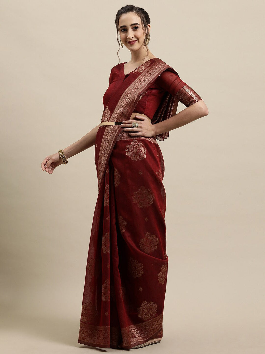 Saree Mall Maroon & Gold-Toned Ethnic Motifs Zari Silk Blend Banarasi Sarees