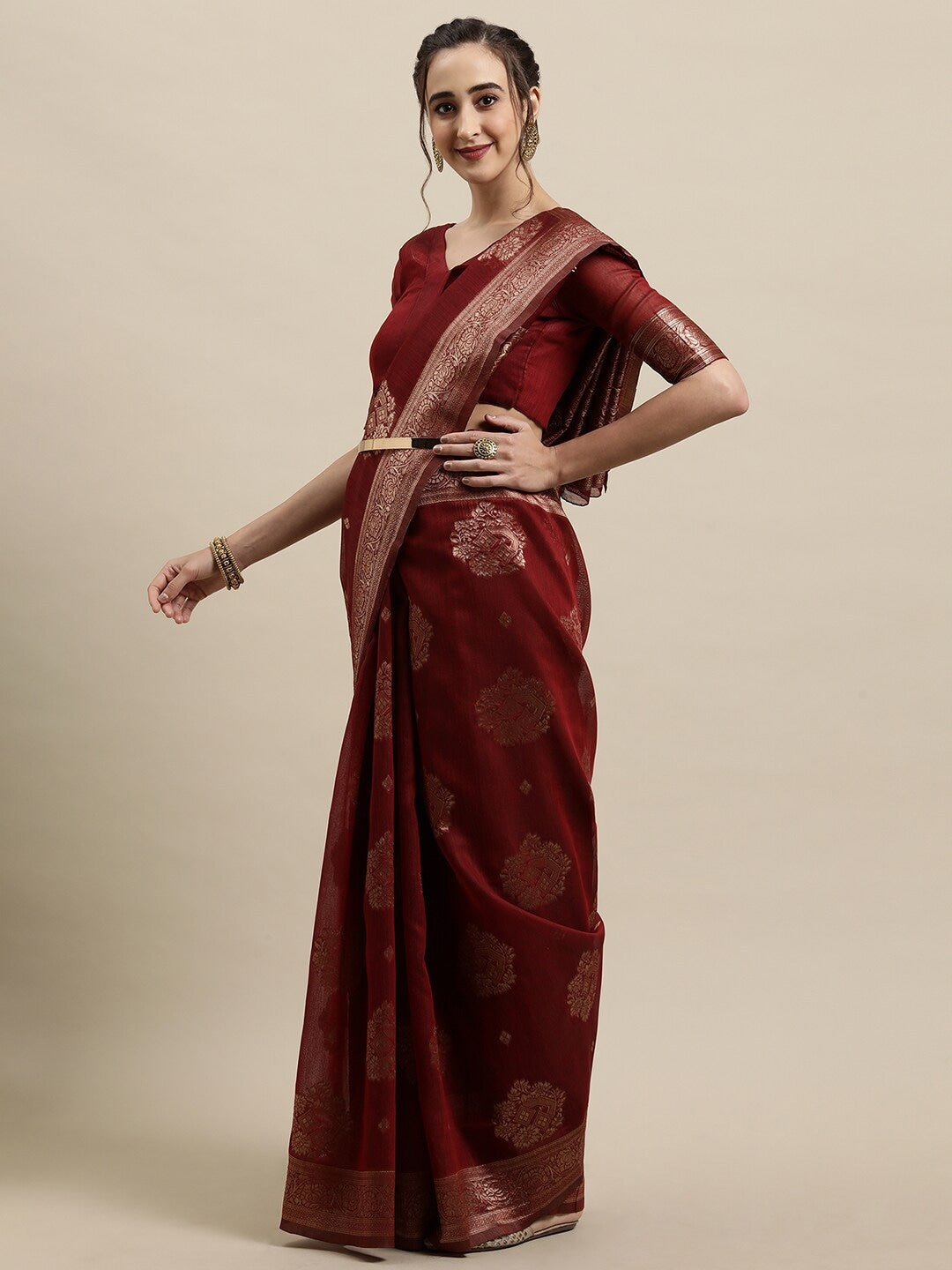 Saree Mall Maroon & Gold-Toned Ethnic Motifs Zari Silk Blend Banarasi Sarees