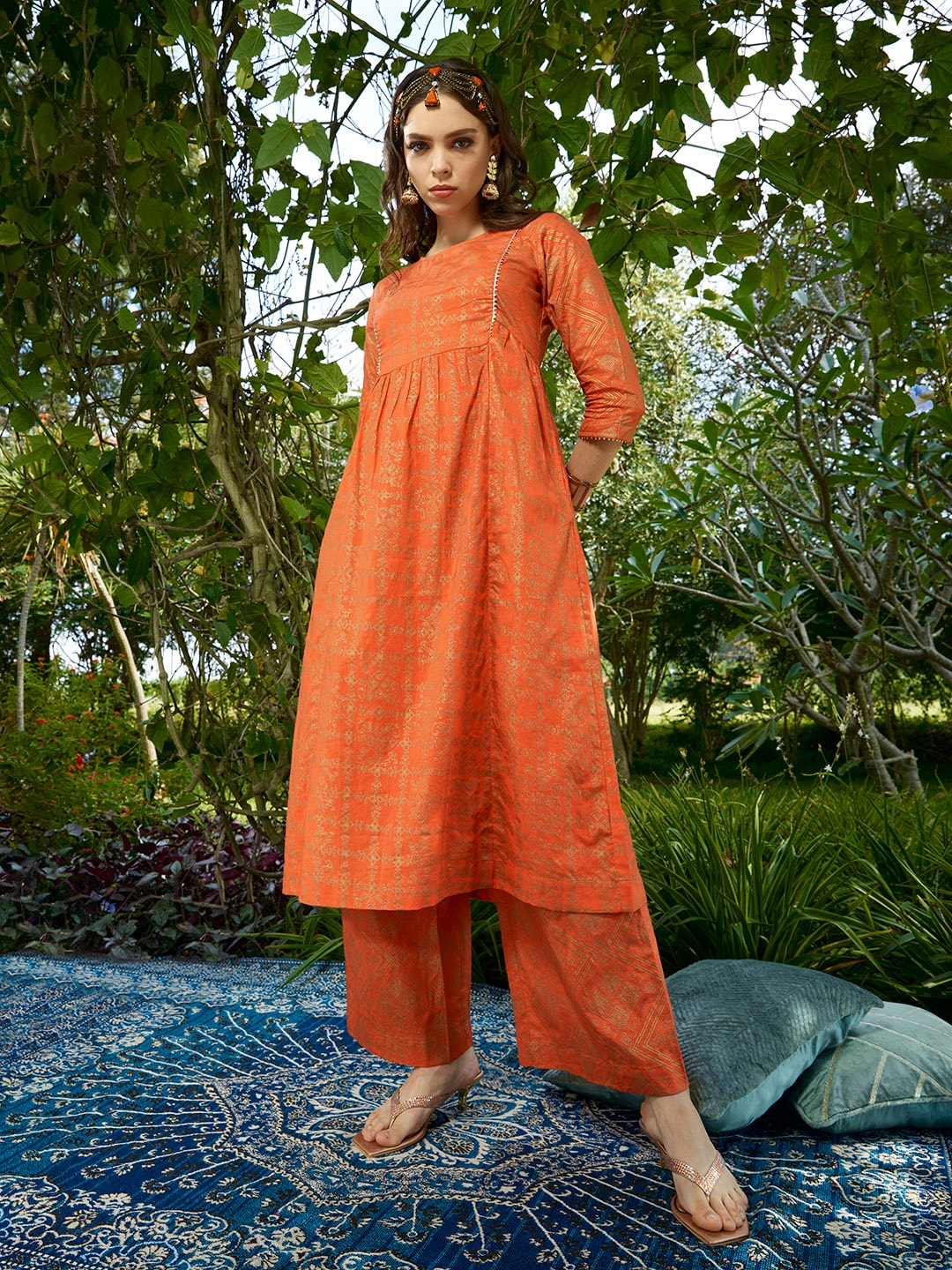 Sangria Women Orange and Golden Ethnic Printed Pure Cotton Kurta with Palazzos