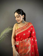 Joban Fashion Carmine Red Geometric Pattern Soft Silk Patola Saree - Distacart
