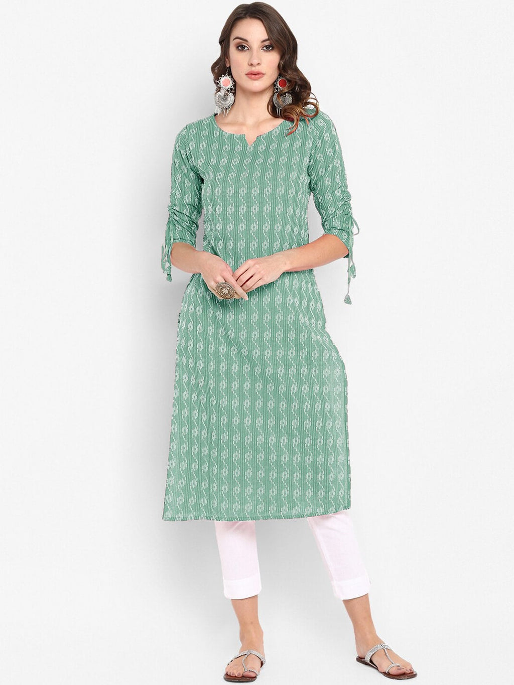 Janasya Green Geometric Printed Cotton Kurta - Distacart