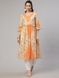 Aks Floral Printed V-Neck Bell Sleeves Pleated Cotton Kurta