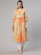 Aks Floral Printed V-Neck Bell Sleeves Pleated Cotton Kurta