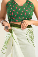 Vastranavya Green Digital Printed Linen Ready To Wear Designer Saree with Unstitched Blouse - Distacart