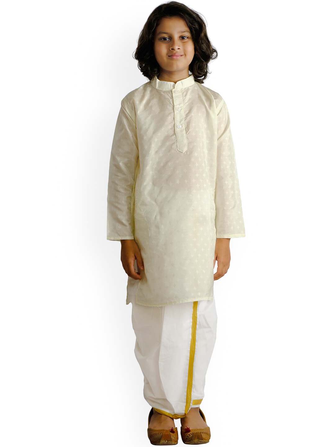 Sethukrishna Boys Cream-Coloured Printed Kurta with Dhoti Pants