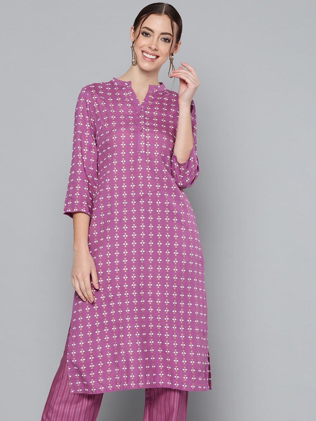 HERE&NOW Women Purple Printed Regular Kurta with Palazzos