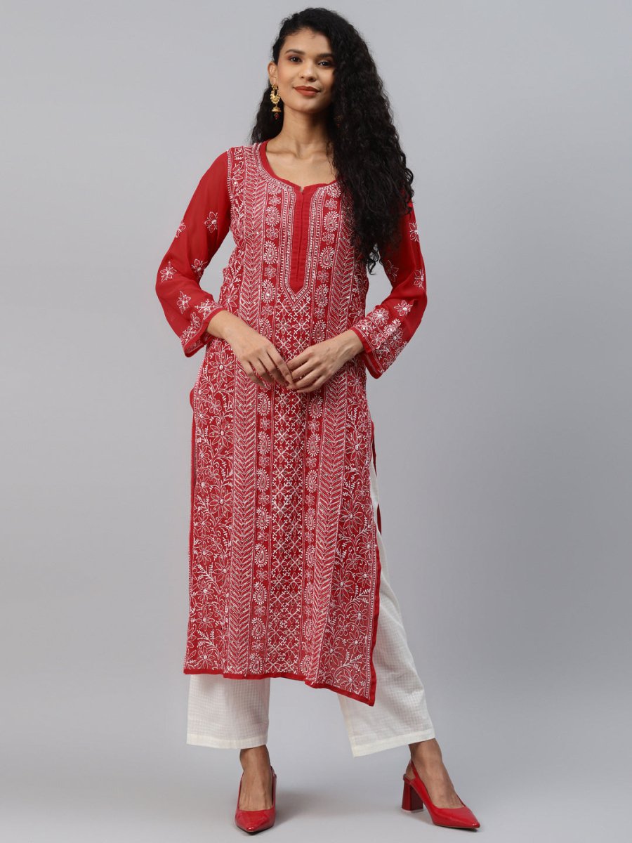 ADA Women Red & White Hand Embroidered Chikankari Sustainable Handloom Kurta With Matching Slip