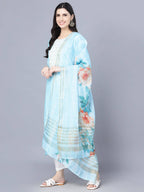Myshka Women Turquoise Blue Panelled Pure Cotton Kurta with Trousers With Dupatta - Distacart