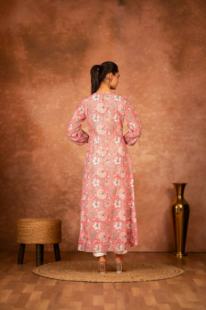 Joban Fashion Pink Floral Hand Block Printed Cotton Kurta Pant Set - Distacart