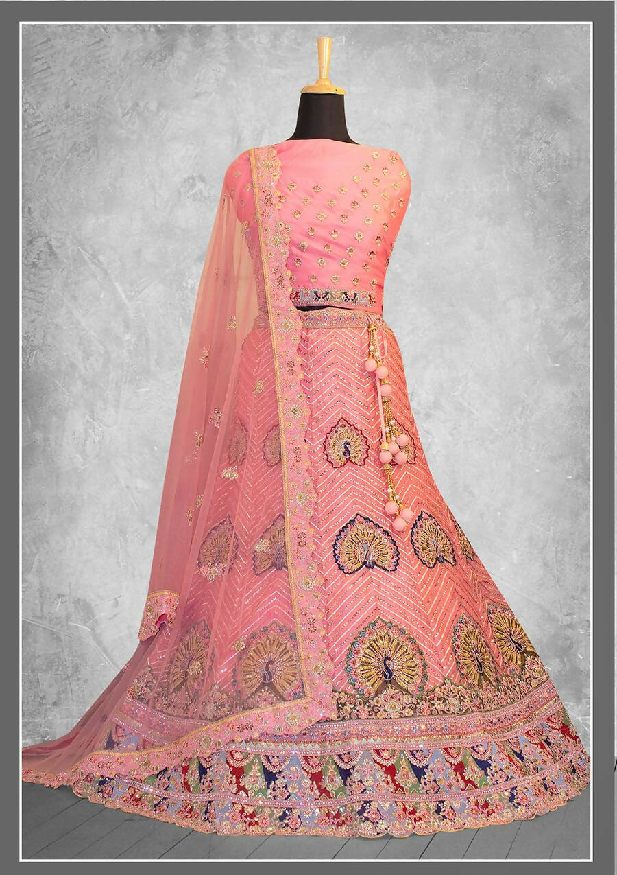 Peach Georgette Embroidery & Thread Work Bridal lahenga Choli with Dupatta - Nimaya Pavitra Rista