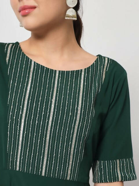 FIORRA Women's Bottle Green Poly Crepe Flared Kurta With Dupatta