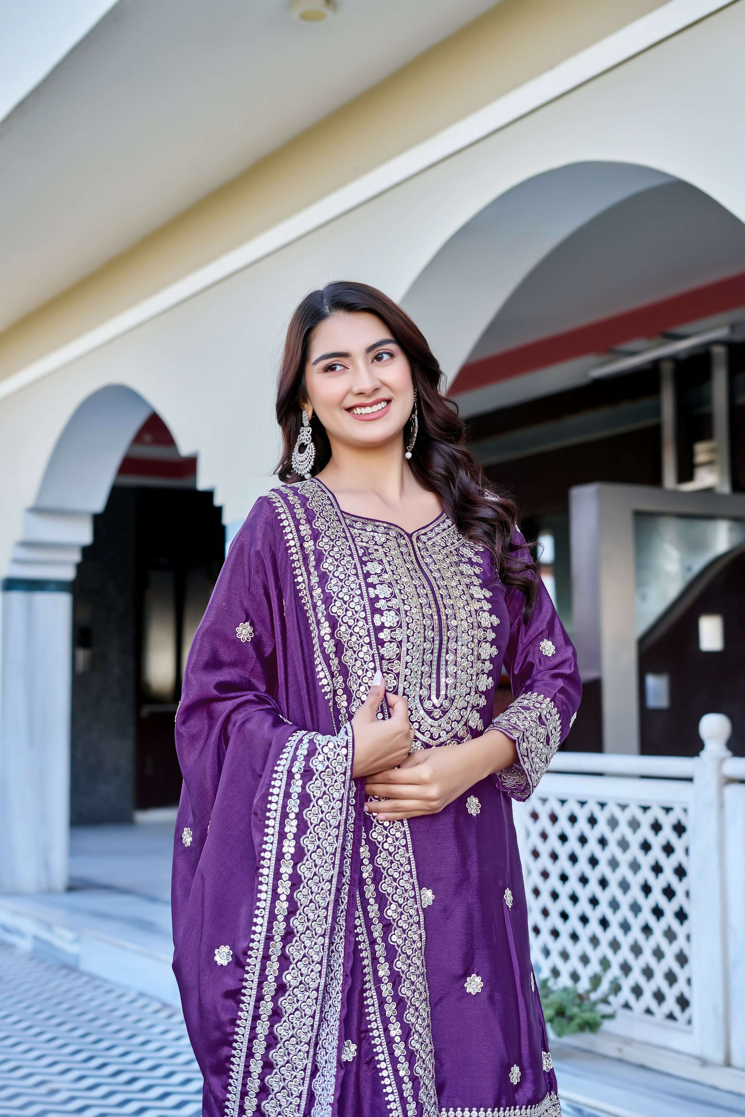 Teeya Creation Wine Color Chinon Silk Heavy Embroidery Work Wedding Wear Sharara - Distacart
