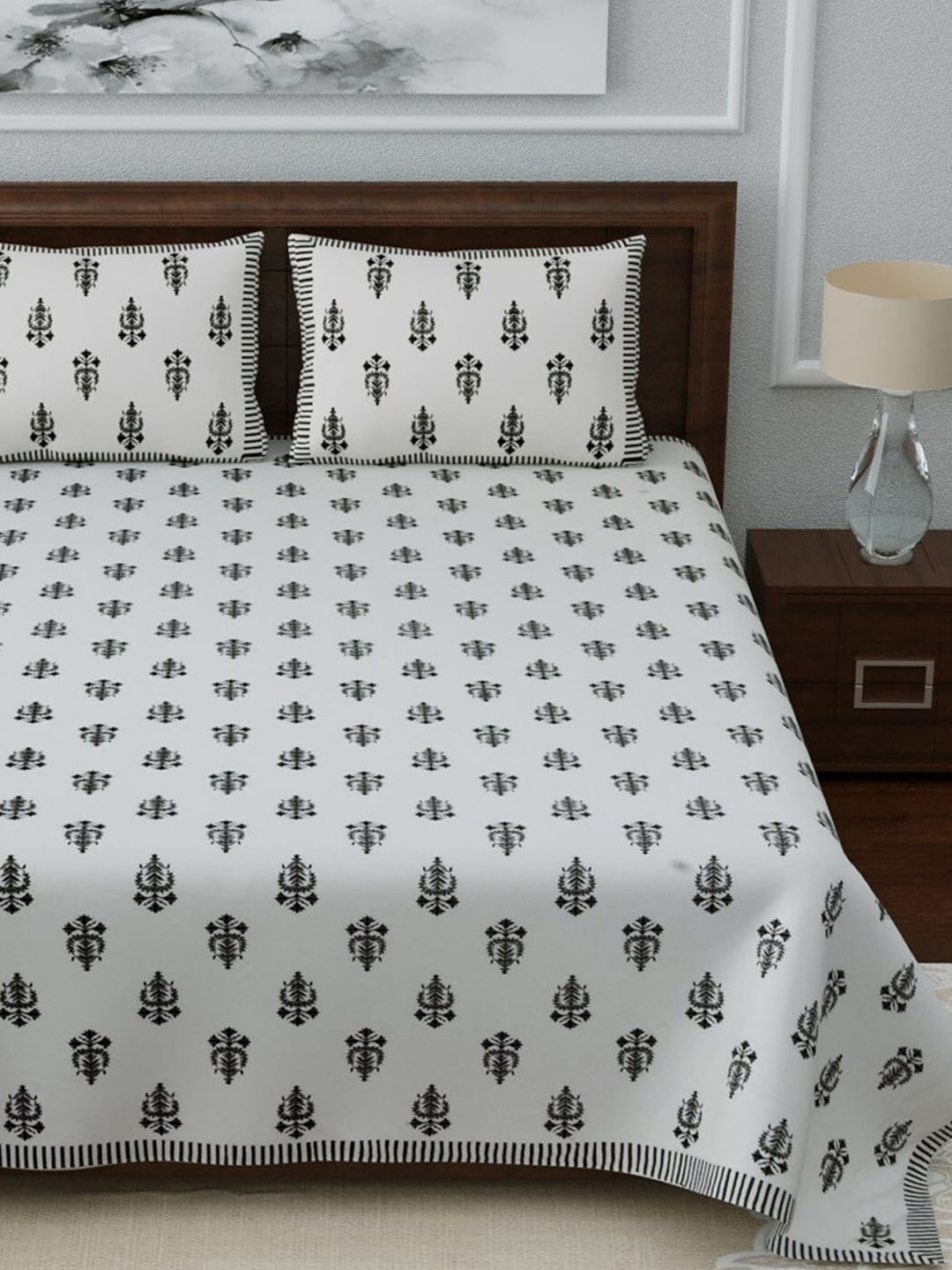 LIVING ROOTS White & Grey Ethnic Motifs 210 TC King Bedsheet with 2 Pillow Covers