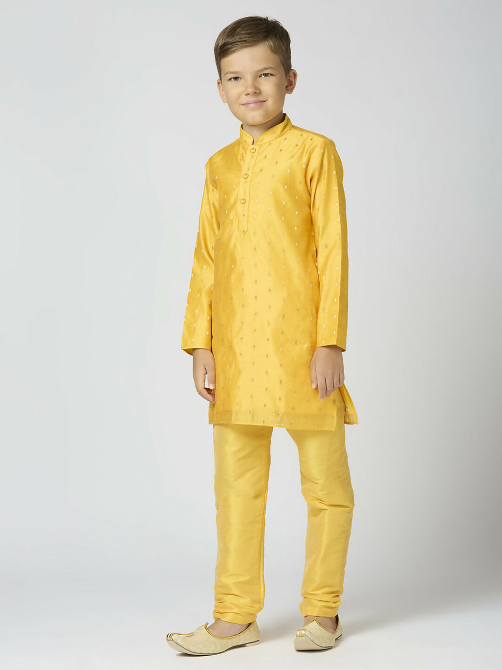 Joban Fashion Kids Island Full Sleeves Chanderi Kurta, Pyjama Set with Traditional Butta Work - Yellow - Distacart