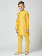 Joban Fashion Kids Island Full Sleeves Chanderi Kurta, Pyjama Set with Traditional Butta Work - Yellow - Distacart