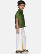 Sethukrishna Olive Green & White Solid Shirt and Veshti For Boys