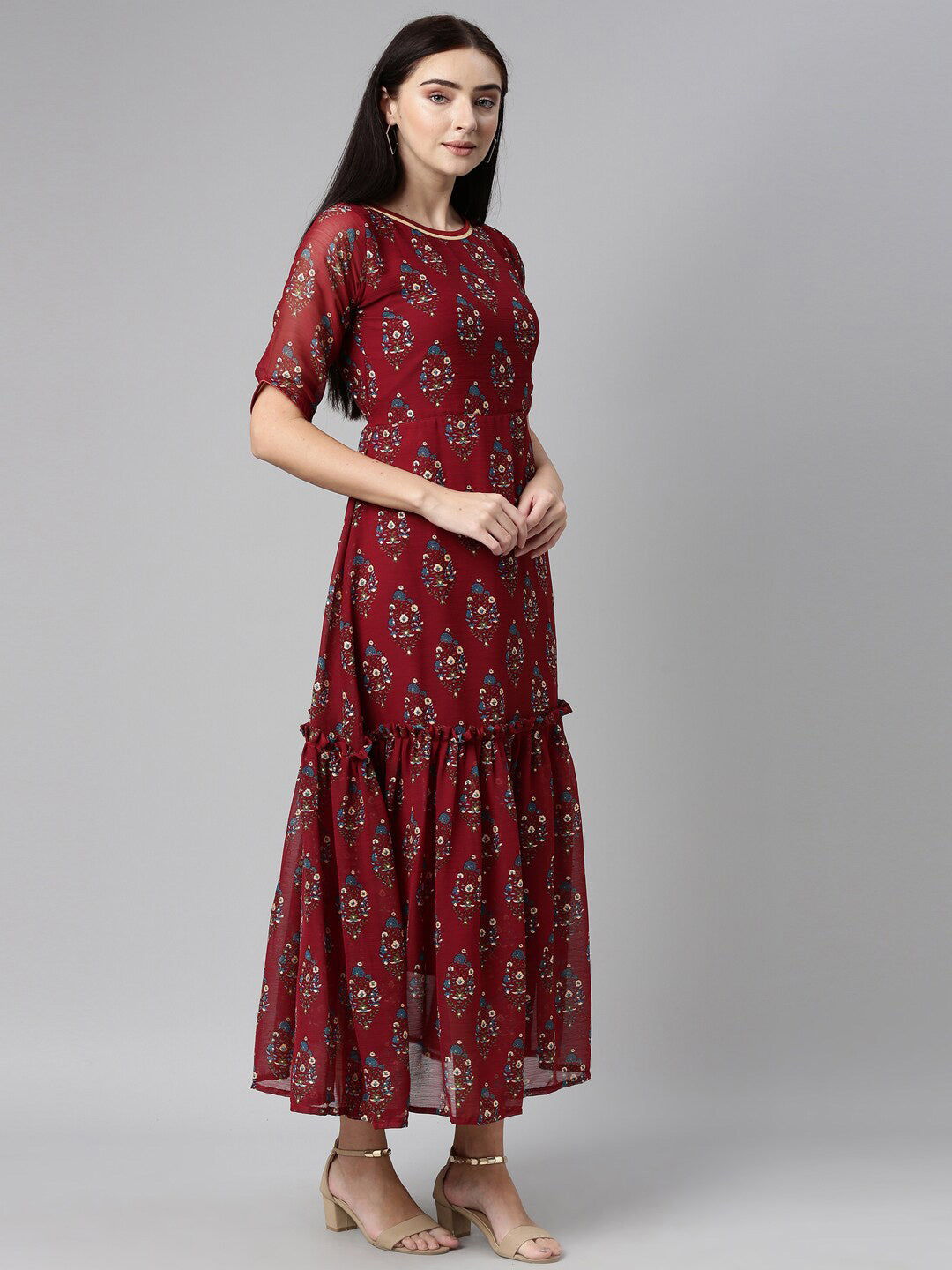 Souchii Floral Printed Boat Neck Chiffon Maxi Dress - Distacart