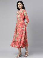 Souchii Women Pink & Green Floral Layered A-Line Midi Dress - Distacart